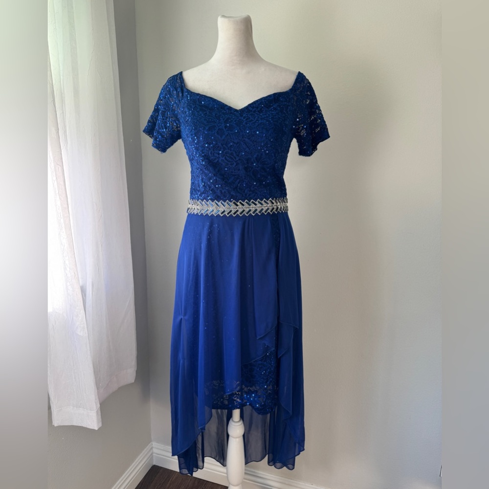 Vintage Y2K Rory U.S.A. Royal Blue Sequined Beaded High Low Short Sleeve Dress